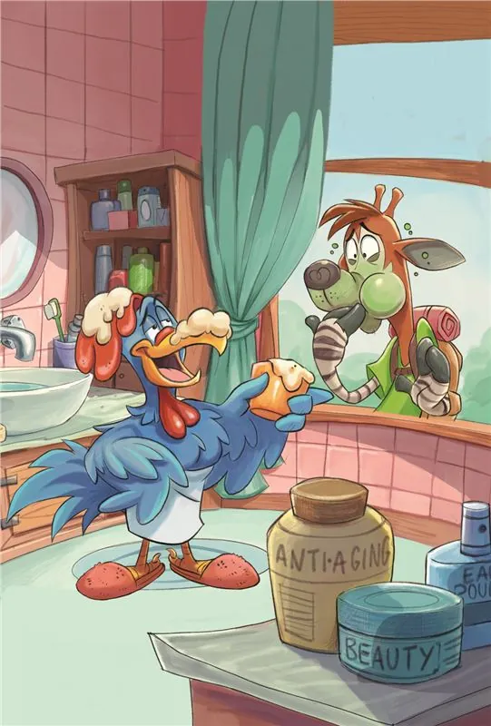 The rooster obsessing over anti-aging cream in the bathroom mirror
