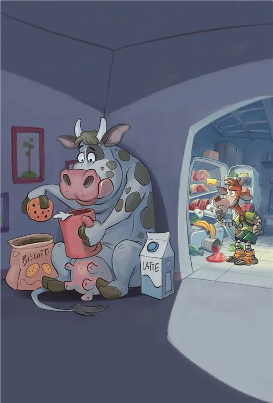 The cow secretly eating biscuits and milk raided from the fridge