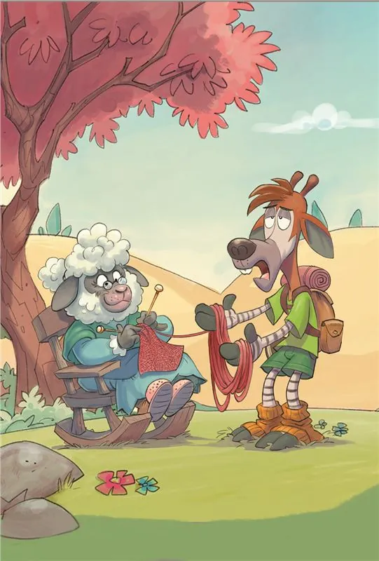 The sheep knitting an unfortunate wool hat under a tree