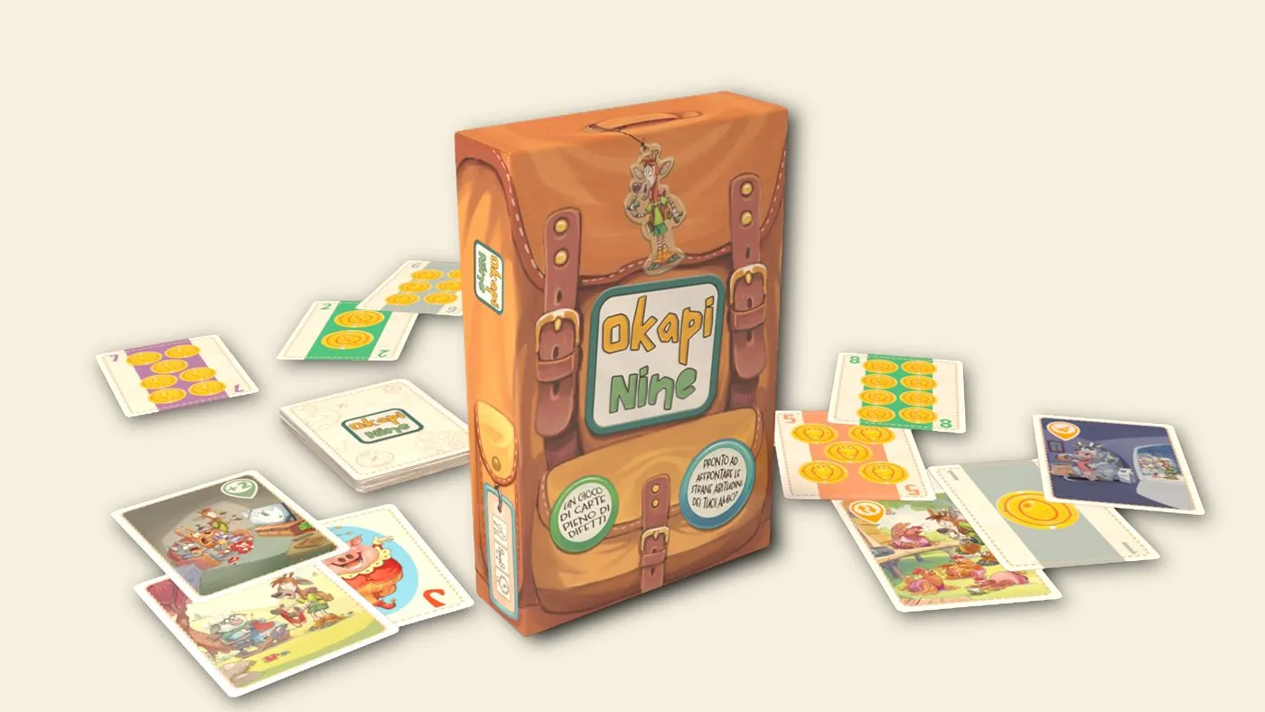 Okapi Nine box designed as a backpack, surrounded by the game's coin and chaos cards